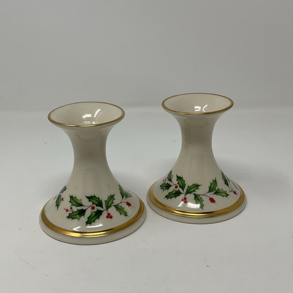 Lenox Holiday Dimensions Set Of 2 Candlestick Holders Holly Berries Christmas